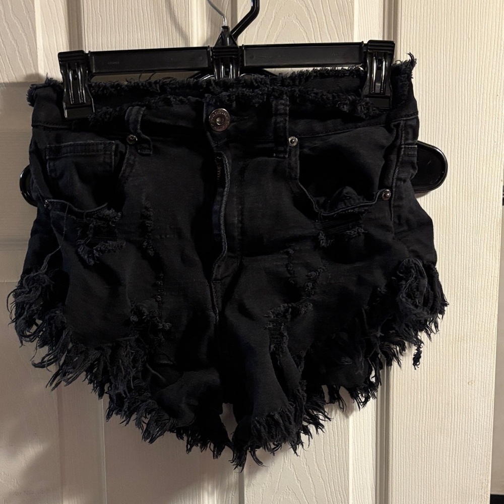 High-Rise Black Distressed Denim Shorts